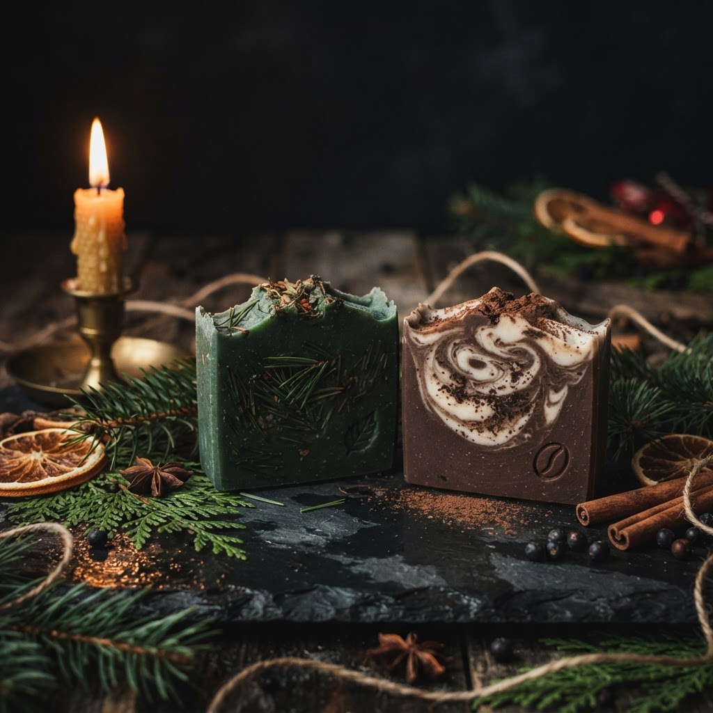 The Winter Collection soap bars among pine and candlelight