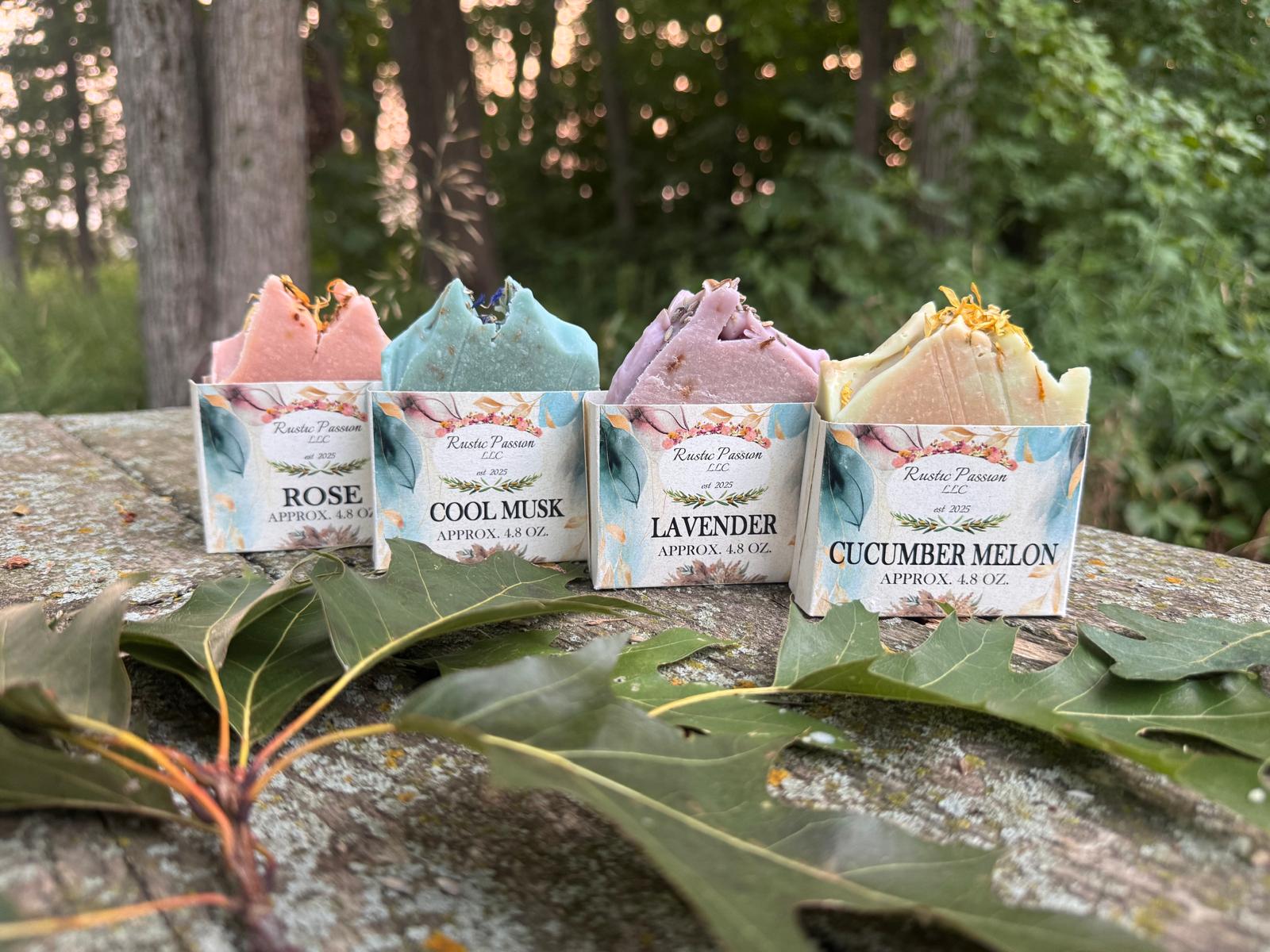 The Rustic Passion Summer Collection — four handcrafted soap bars: Rose, Cool Musk, Lavender, and Cucumber Melon