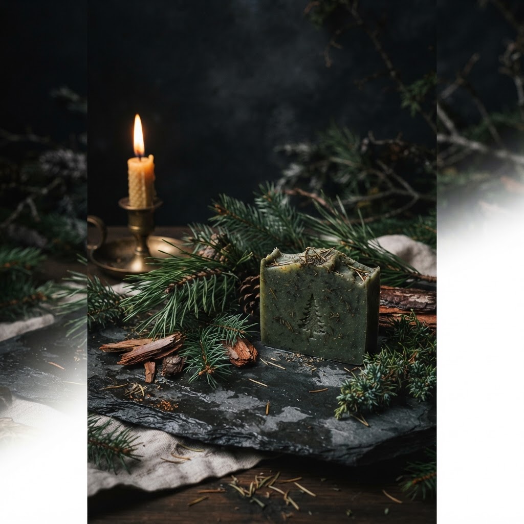 Raw christmas tree soap ingredients on dark slate