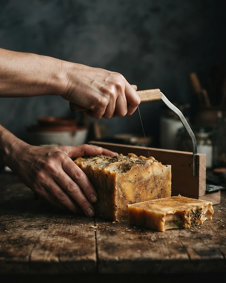 Hands cutting a slab of cold-process soap by hand