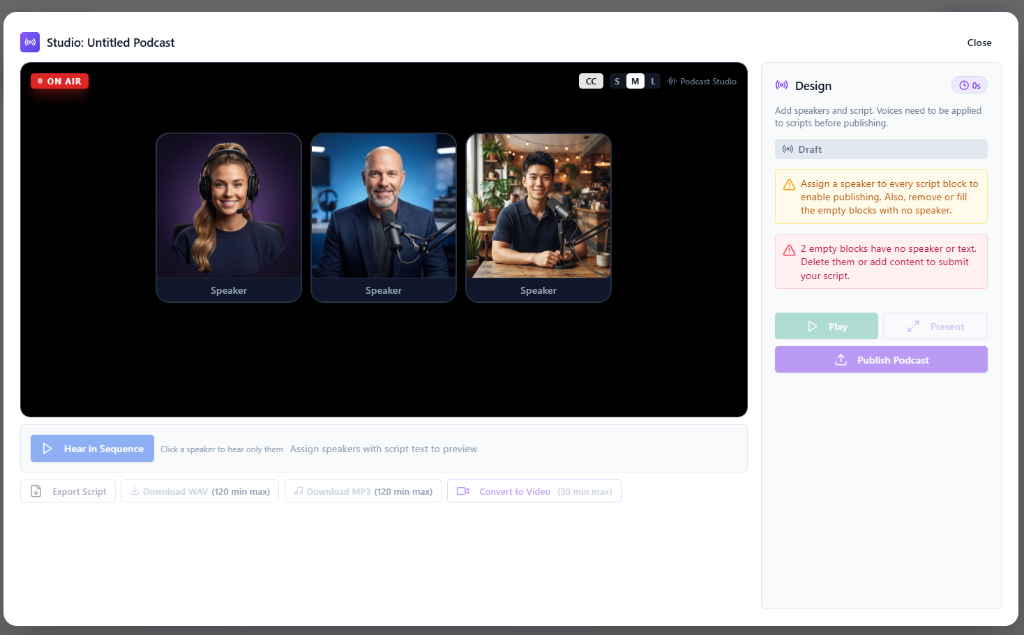 Stublish podcast studio interface showing speakers, script editor, and publishing controls