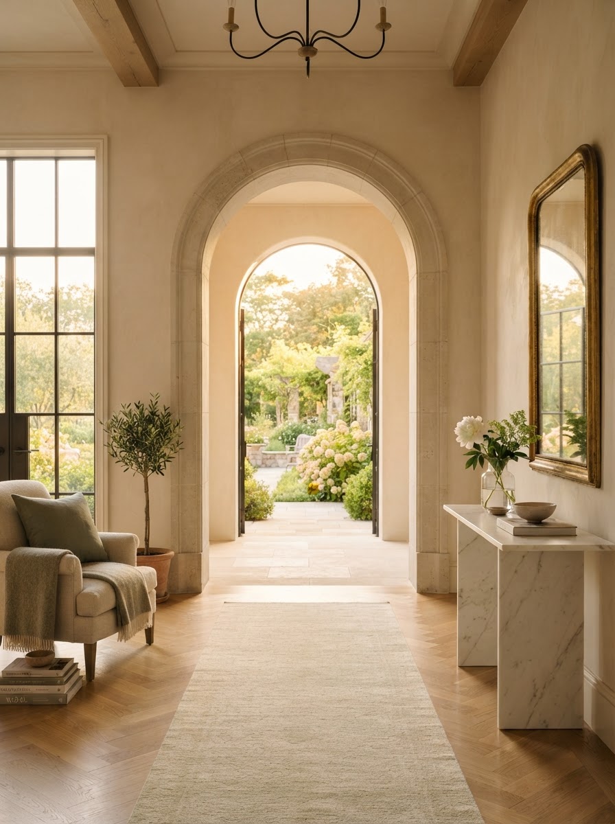 Sunlit estate foyer with arched doorway and morning light