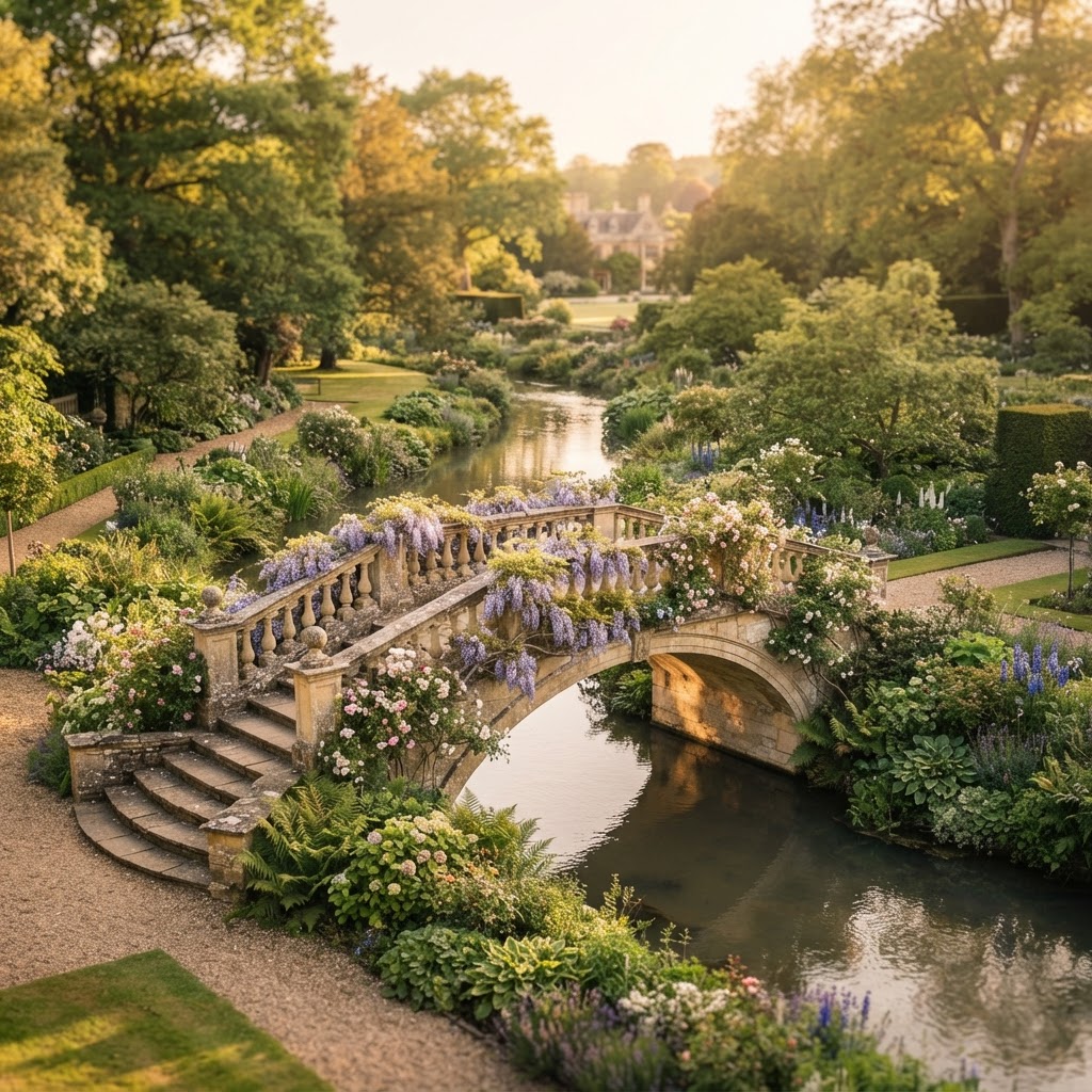 A stone bridge connecting two sides of a garden