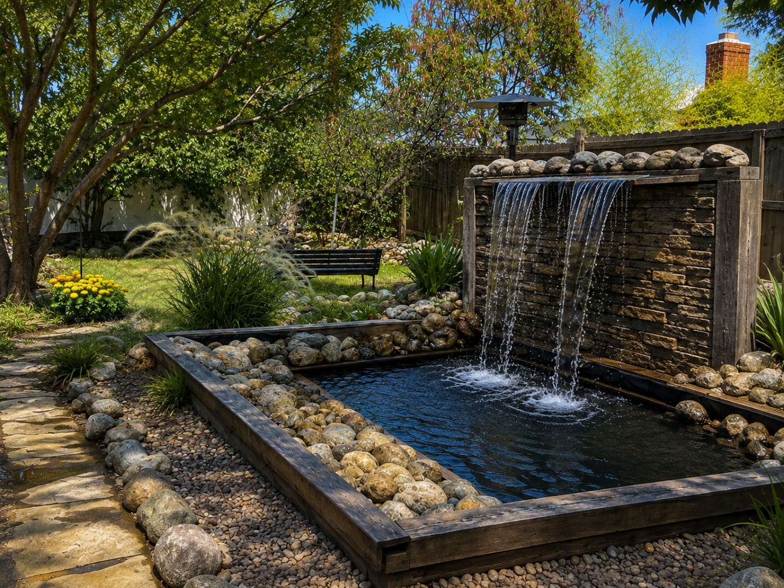 Tranquil garden with a rectangular stacked-stone water feature, feather grass, and a quiet bench at Walker CA Farms