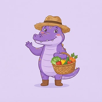 Friendly purple alligator wearing a farmer hat, the SFSU produce box mascot
