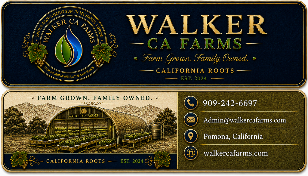 Walker CA Farms business card showing logo, contact information and Farm Grown Family Owned tagline