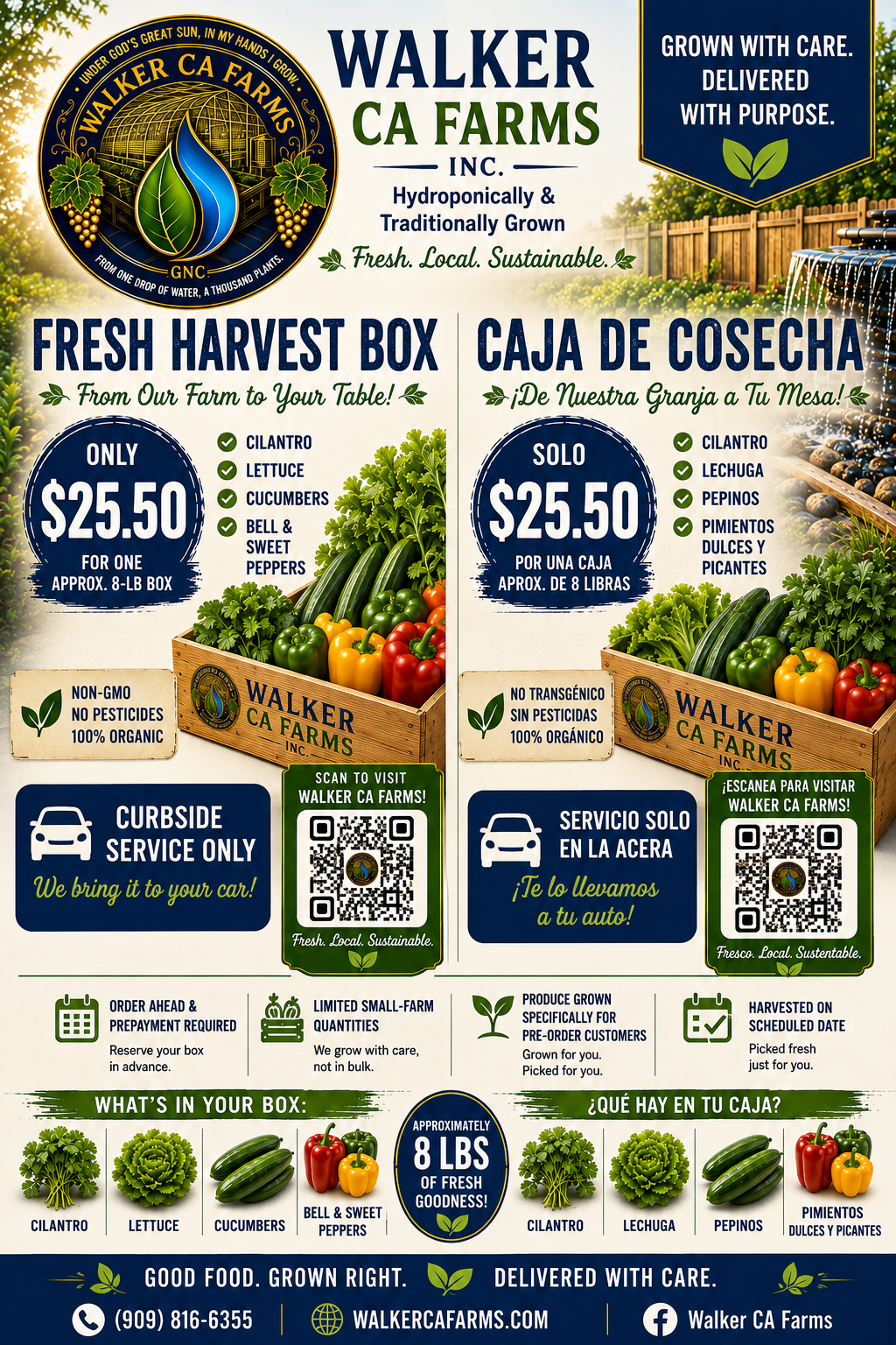 Walker CA Farms Fresh Harvest Box flyer — $25.50 for one approx. 8-lb box of cilantro, lettuce, cucumbers, and bell & sweet peppers