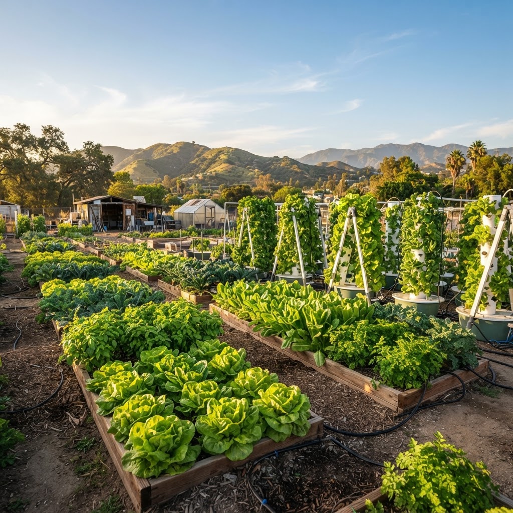 Hydroponic towers at Walker CA Farms in Pomona California