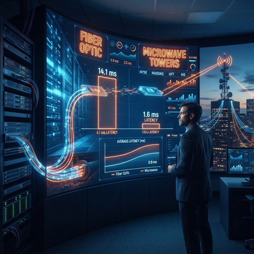 Fibra vs microondas: latencia para trading y finanzas