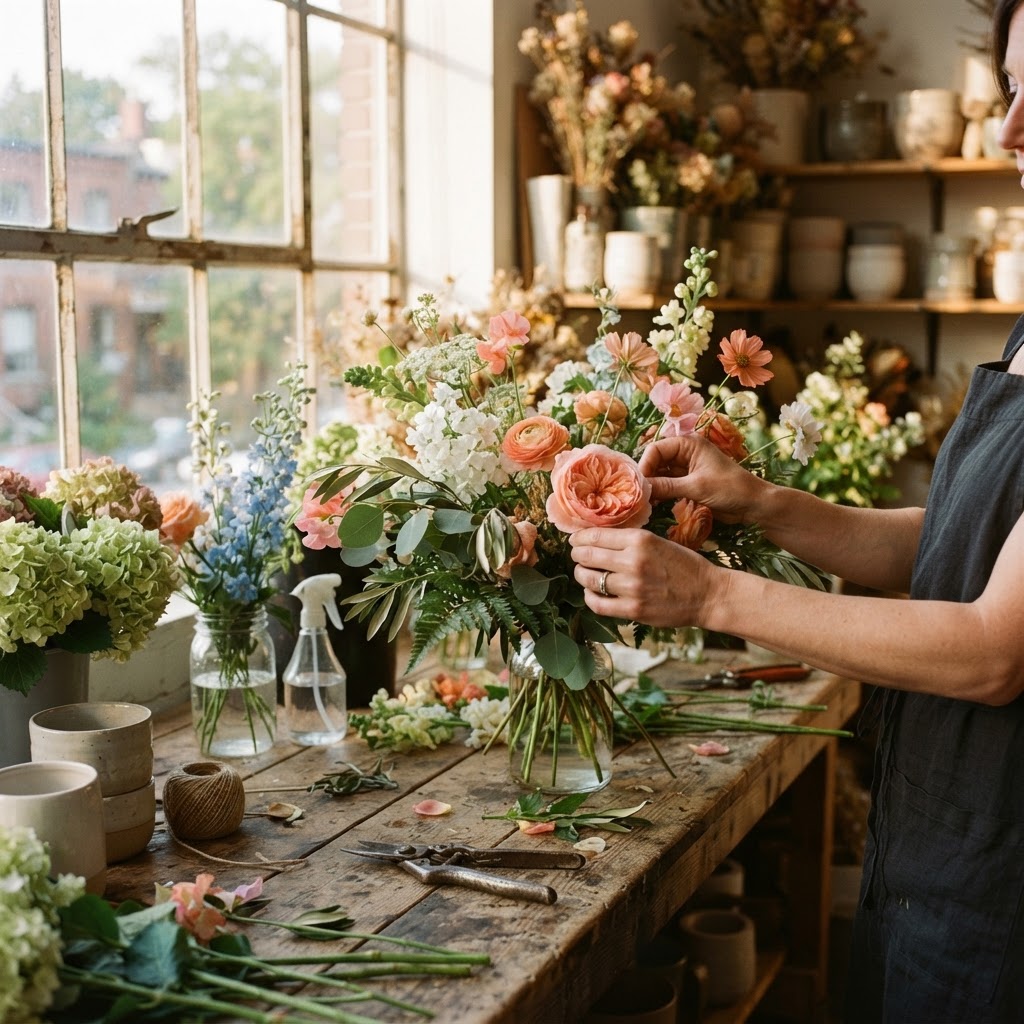Florist arranging flowers in a sunlit studio