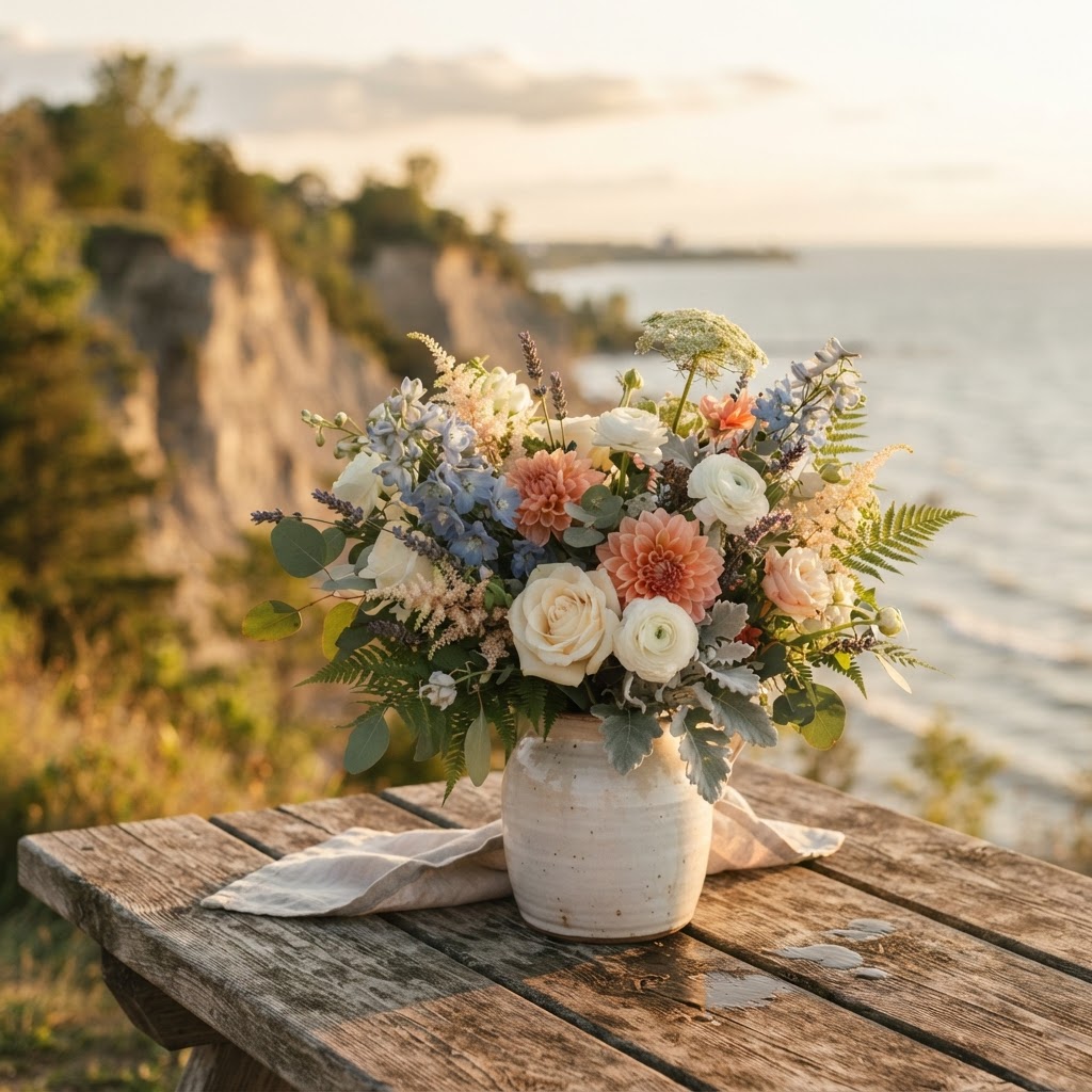 Flower bouquet against the Scarborough Bluffs at golden hour