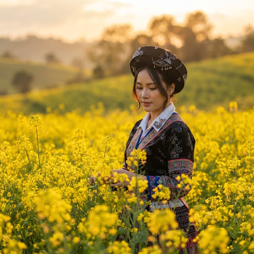 Create a fully photorealistic 9:16 vertical portrait with the same framing, width, distance, and composition. Show a young Hmong woman standing waist-deep in a dense field of vivid yellow flowers at golden hour, positioned slightly right of center with her body facing forward and her head gently turned down toward her left. Her black hair is styled neatly under a round black traditional Hmong hat, with a few soft face-framing strands. Makeup is natural and polished with smooth realistic skin, so