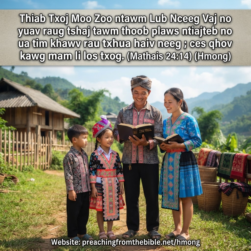> Text of image: ↓
Thiab Txoj Moo ntawm Lub Nceeg Vaj no yuav raug tshaj team too plaws ntiajteb no UA Tim khawv rau txhua Hauv neeg ; ces Lib Sijhawm Kawg mam li los txog. (Mathais 24:14)

> Text: ↓
Website: preachingfromthebible.net/hmong