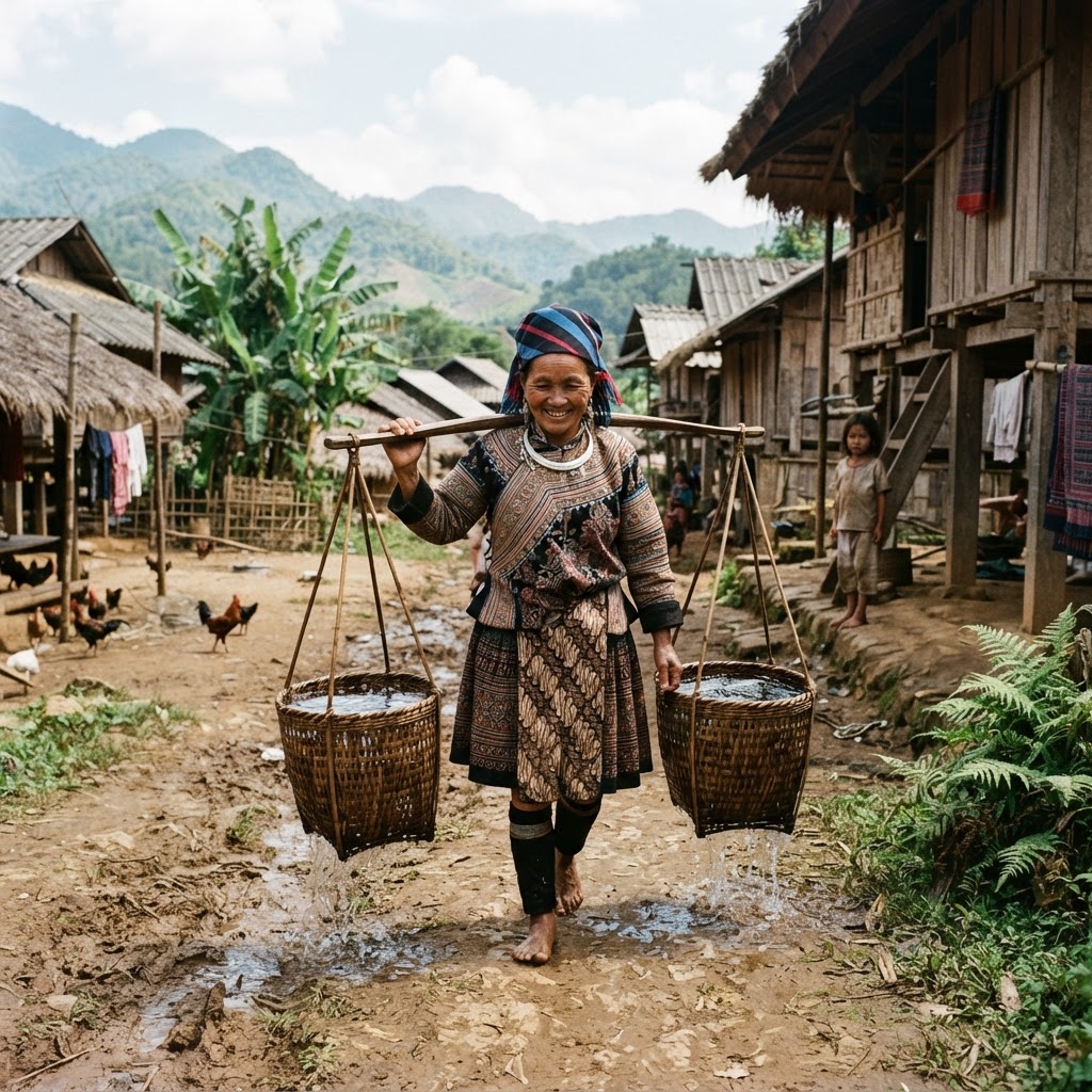 A Hmong woman carrying water in a small village in Laos
