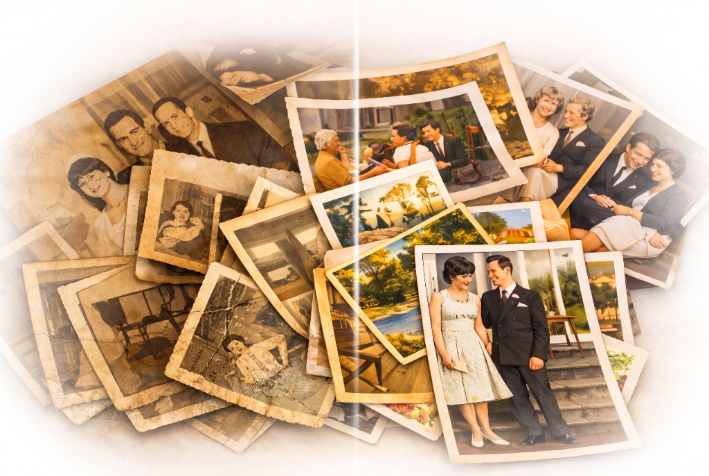 Vintage photo collage of restored memories