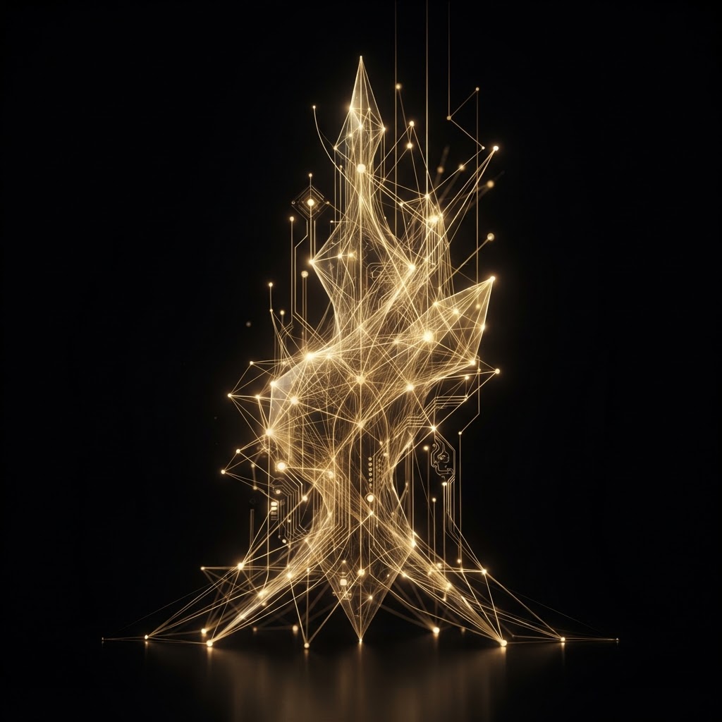 Golden neural network of glowing threads rising like an intelligent mind