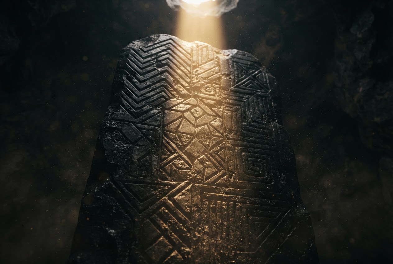 Obsidian stone tablet with geometric patterns illuminated by gold light