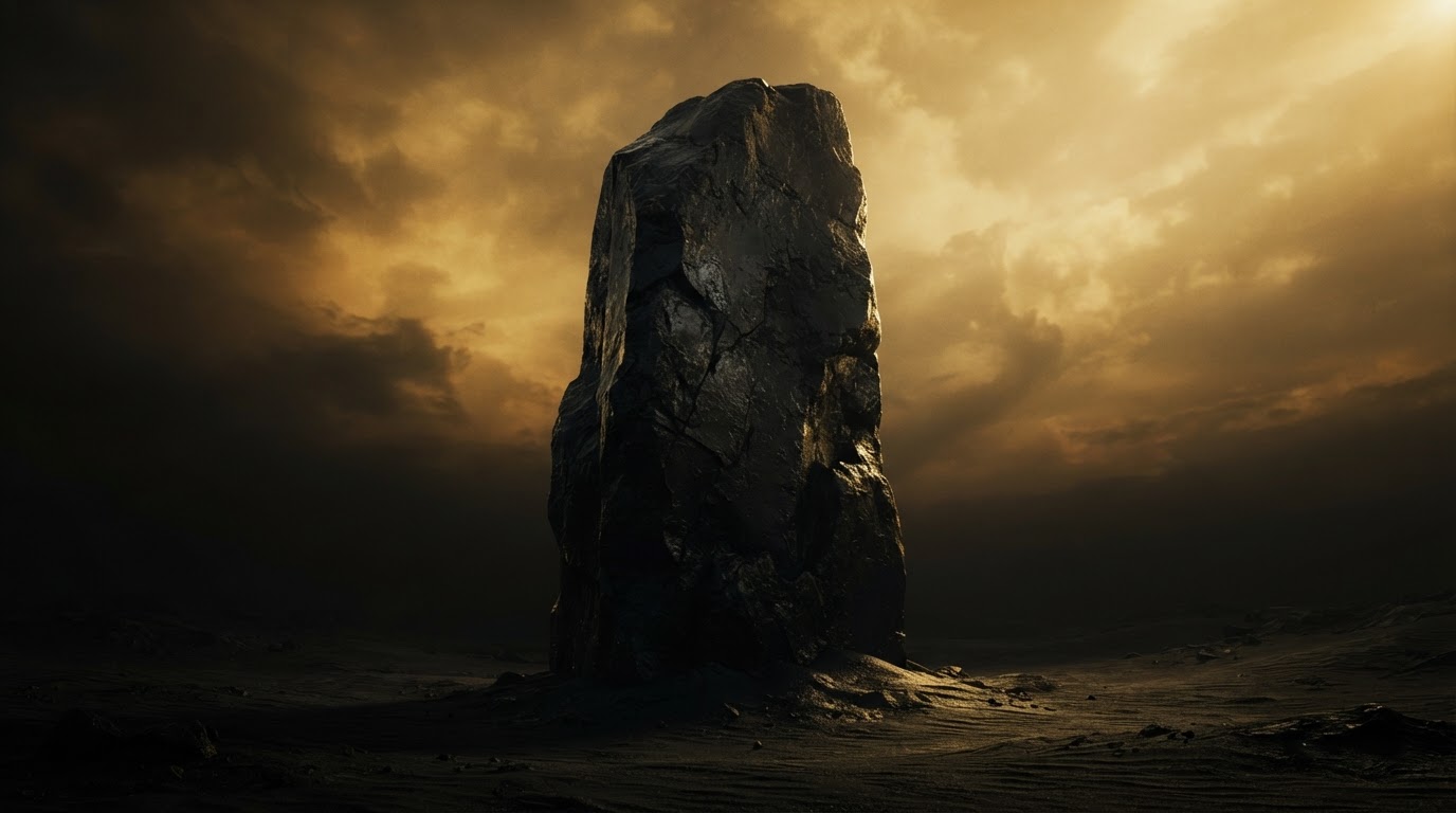 Monolithic stone structure in a gold-tinted ethereal desert