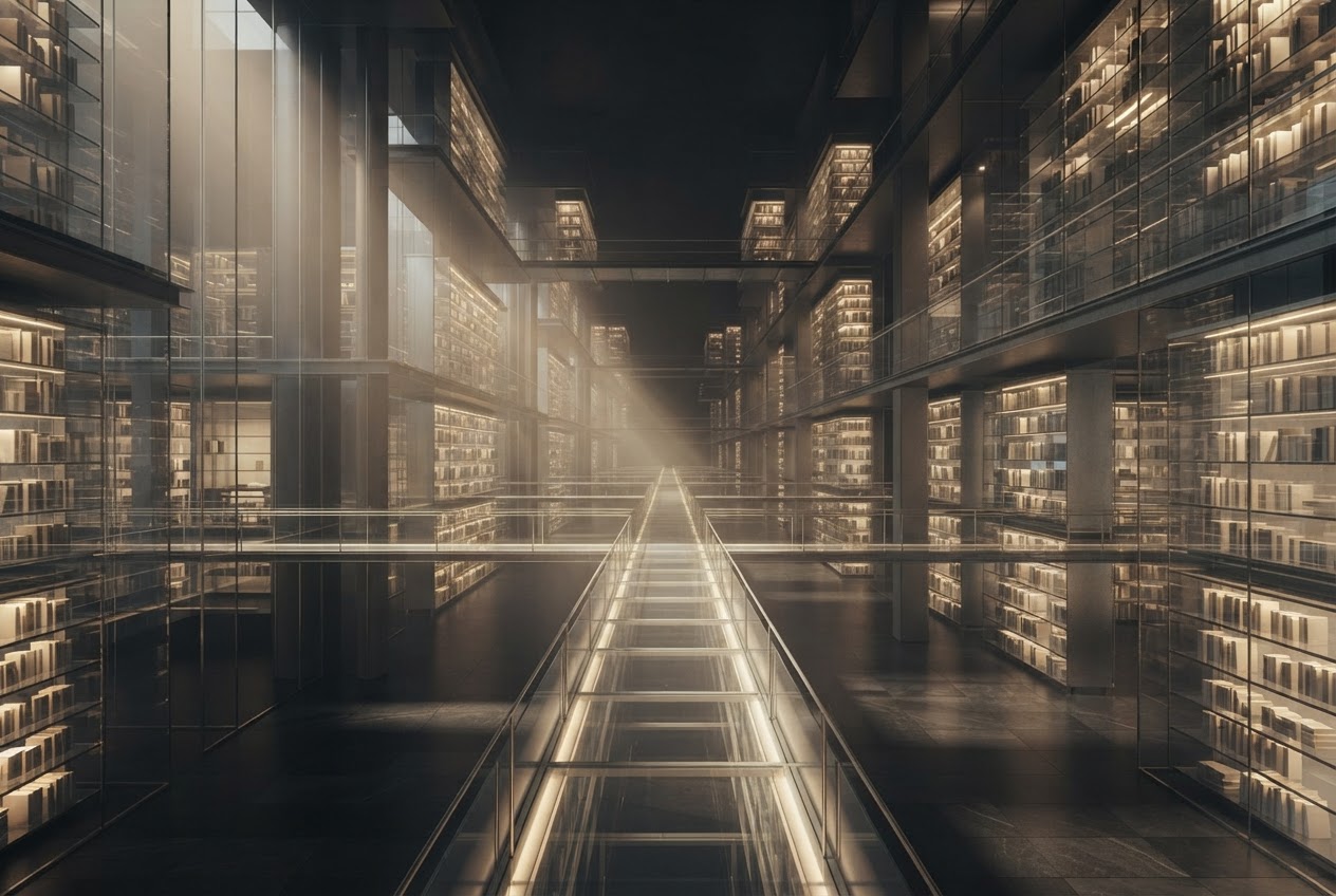 Vast minimalist glass library extending infinitely representing web architecture