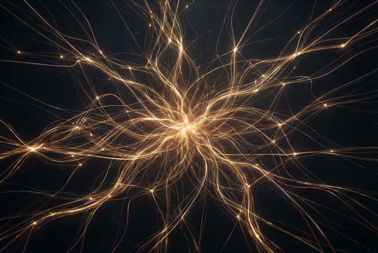 Golden light threads forming a network spreading outward in dark void