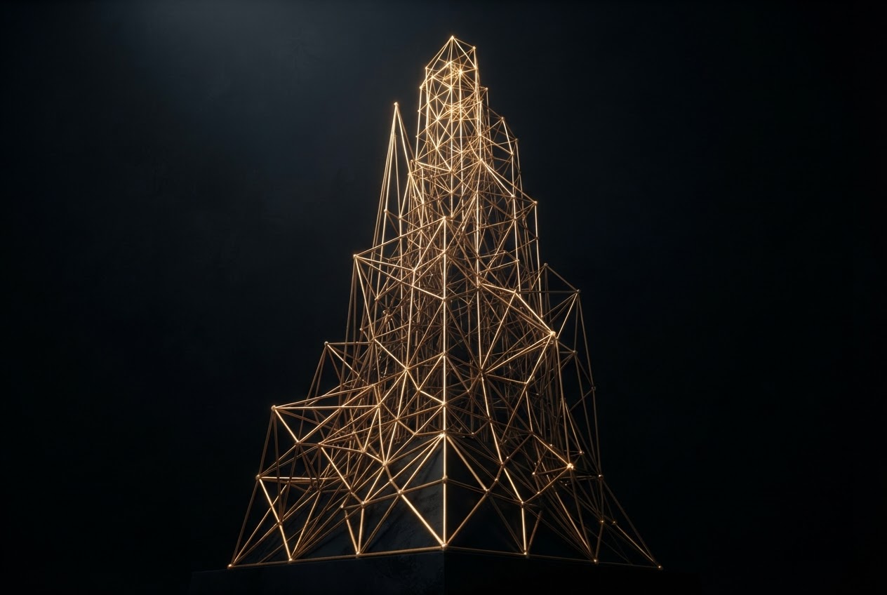 Golden wireframe architecture forming a rising blueprint against dark background