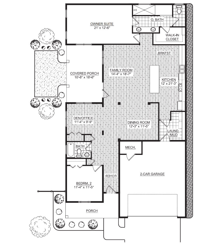 Nickerson standard floor plan showing the owner suite, bedroom 2, den/office, family room, dining room, kitchen, breakfast area, laundry/mud room, covered porch, and 2-car garage with room dimensions