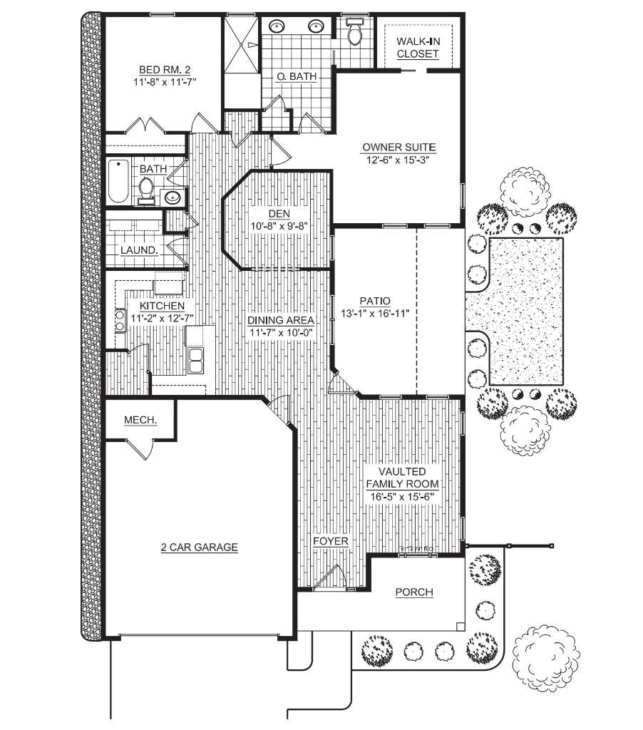 Hogan standard floor plan showing the owner suite, bedroom 2, den, vaulted family room, dining area, kitchen, laundry, patio, porch, mechanical room, and 2-car garage with room dimensions