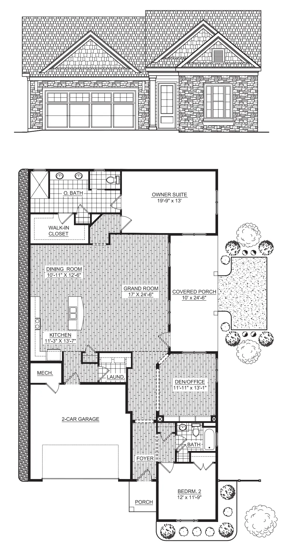 Hibiscus standard floor plan showing the owner suite, grand room, dining room, kitchen, den/office, bedroom 2, covered porch, foyer, laundry, mechanical room, and 2-car garage with room dimensions