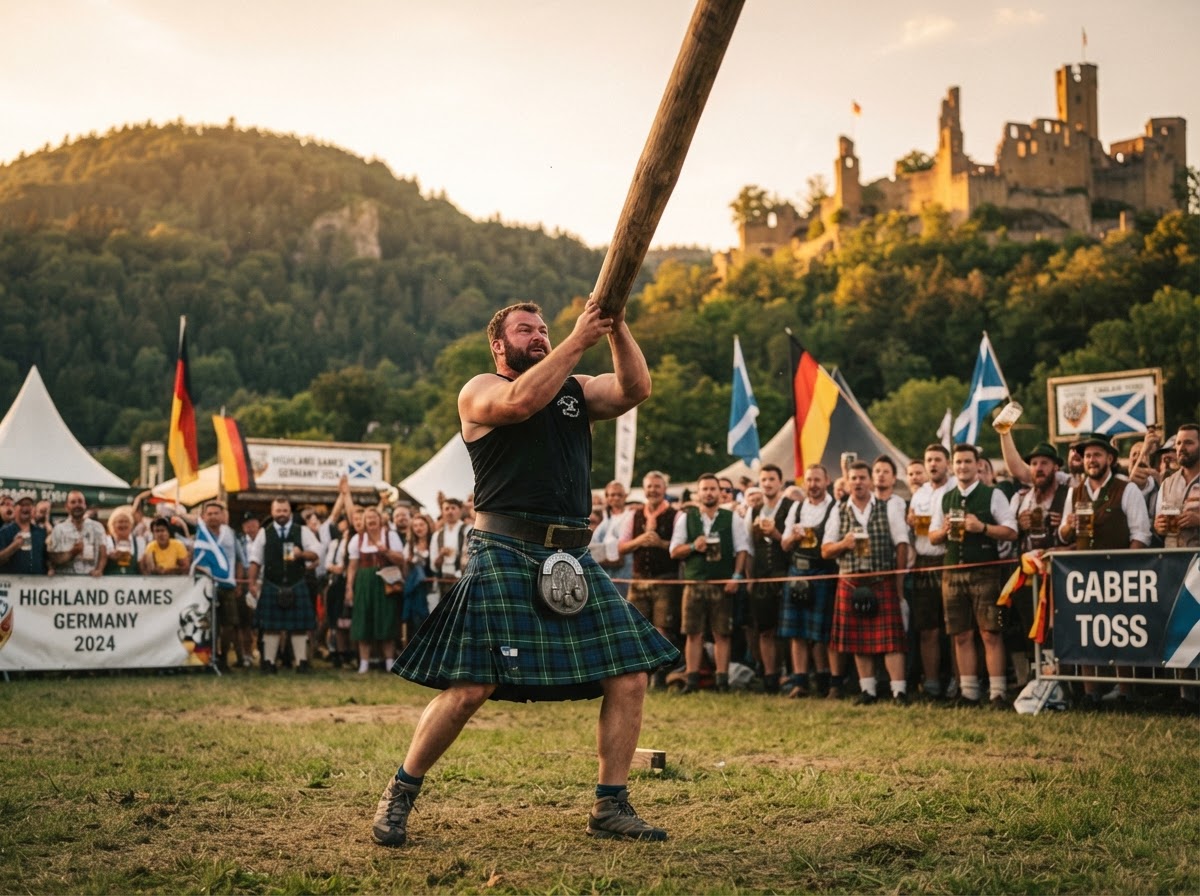 Highland Games Athlet beim Baumstammwerfen