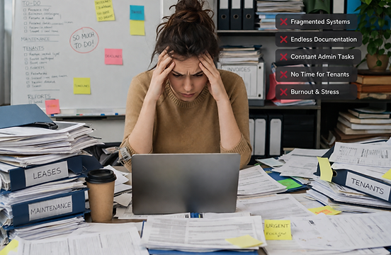 Stressed property manager overwhelmed with paperwork