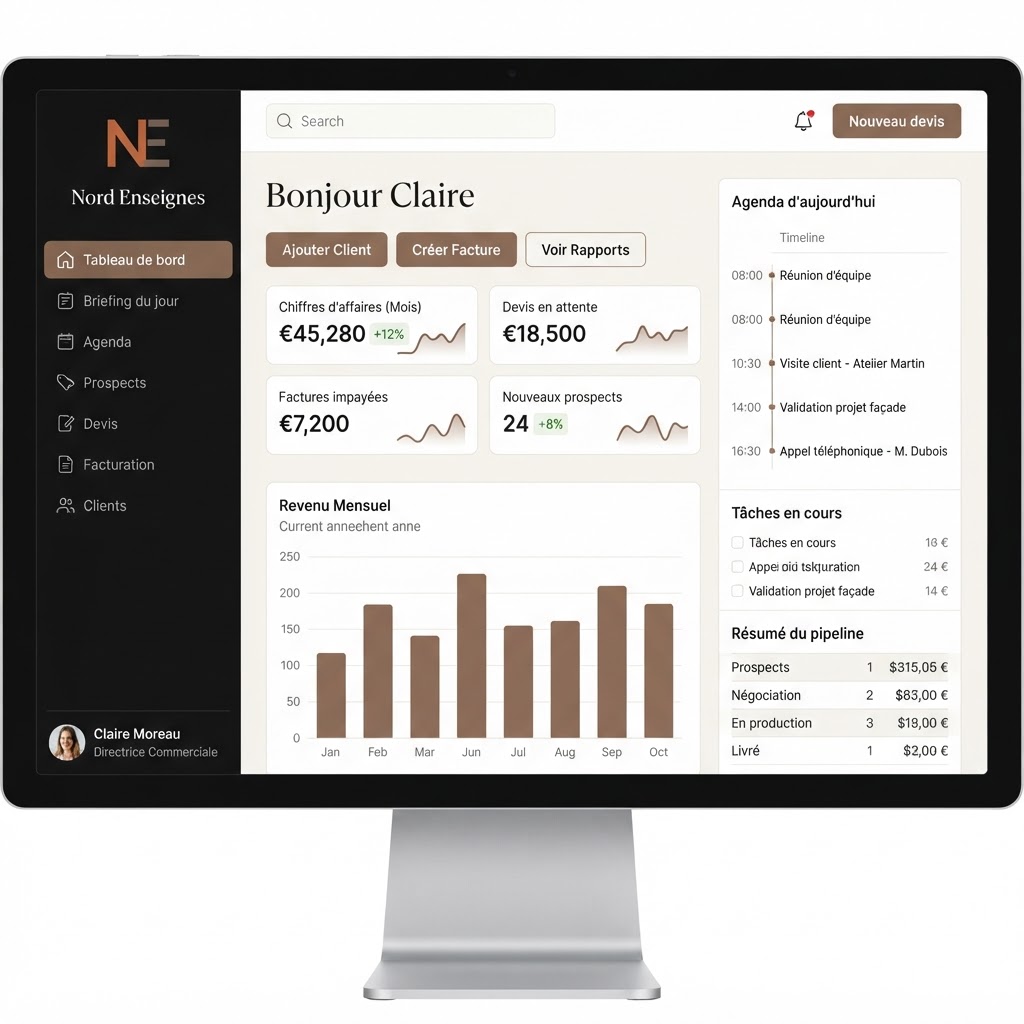 Écran « Vue d'ensemble » du back-office KORVEX, sur l'entreprise fictive Nord Enseignes