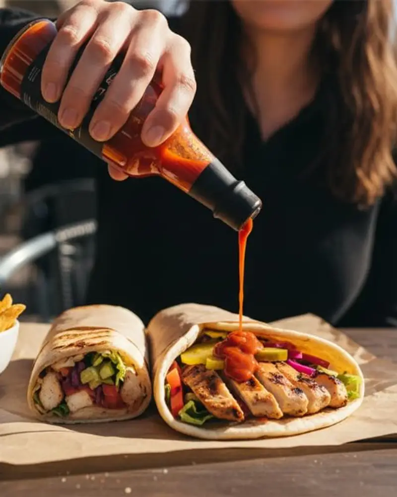 Pouring STOKE peri-peri sauce on a chicken wrap