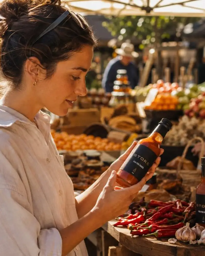 Woman holding STOKE peri-peri sauce at Sydney market