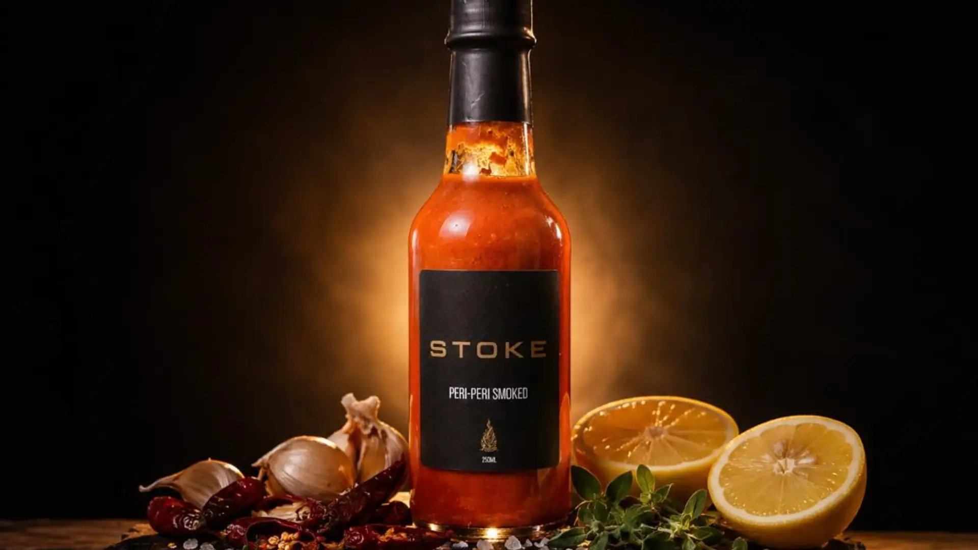 STOKE peri-peri sauce bottle with ingredients on dark surface