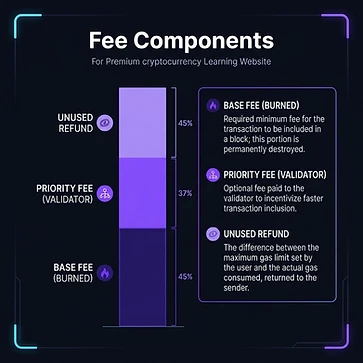 Conceptual illustration of base fee, validator tip and unused fee allowance