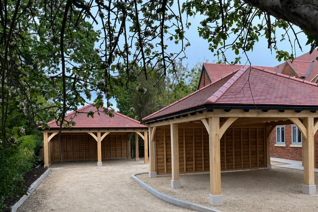 Bespoke oak framed garage illuminated at dusk