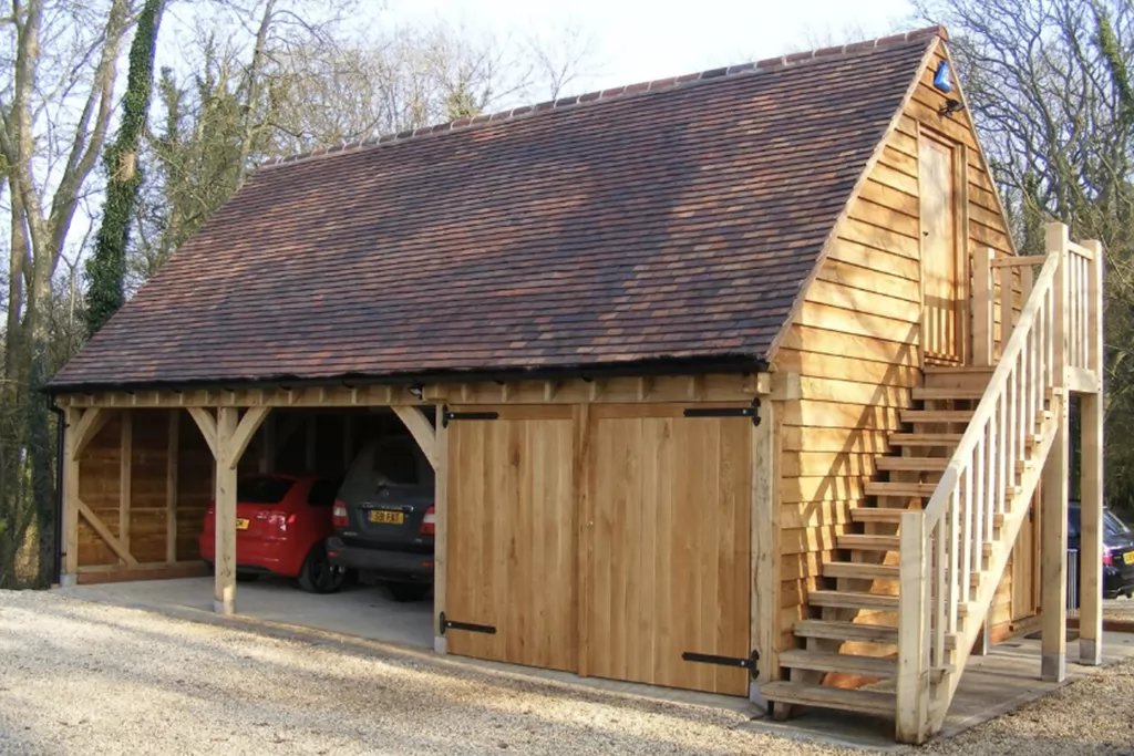 Lofted oak framed garage with external staircase in Malvern, Worcestershire