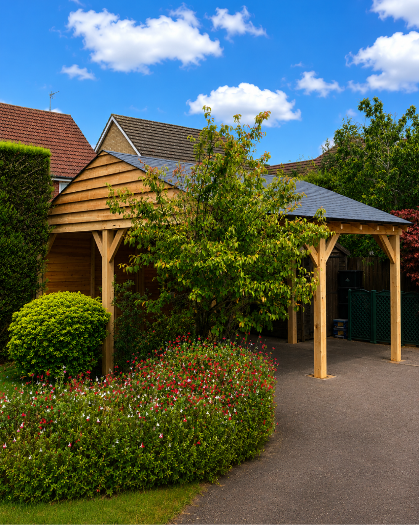 Single-bay oak carport with hipped slate roof