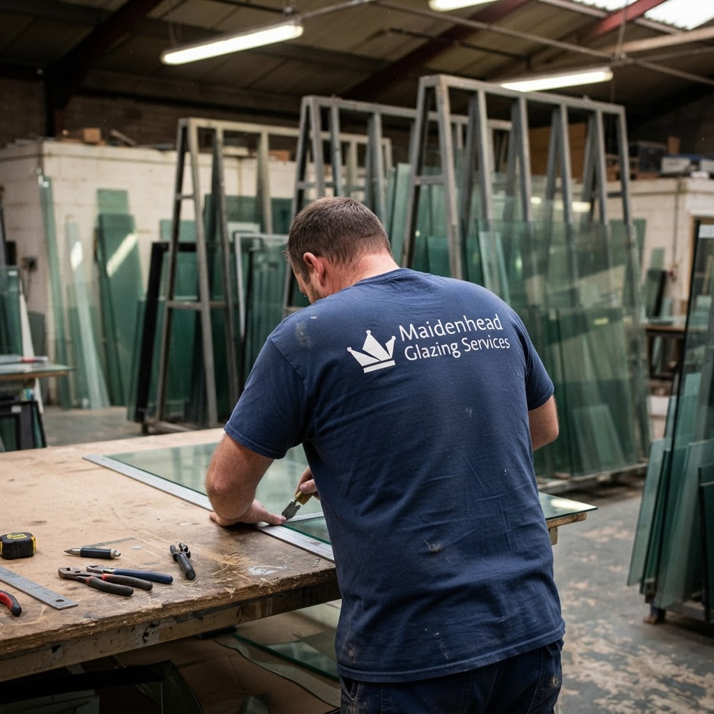 Maidenhead Glazing Services glazier cutting glass to size in the workshop