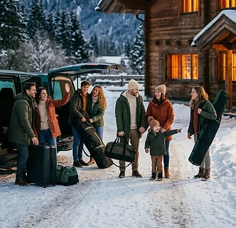 Gruppe von Freunden und Familie kommt mit Skigepäck an einem verschneiten Chalet an