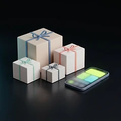 Illustration stylisée de colis fermés et d’un téléphone aux blocs de couleur flous, posés sur une table sombre