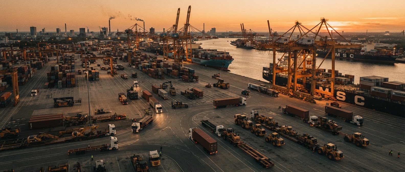 Heavy trucks and construction equipment at a busy shipping port — JCL Auto Truck & Machinery