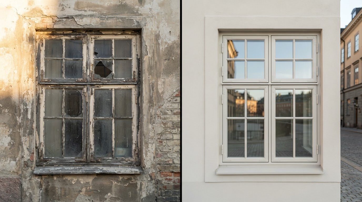 Före och efter renovering av ett träfönster i Stockholm