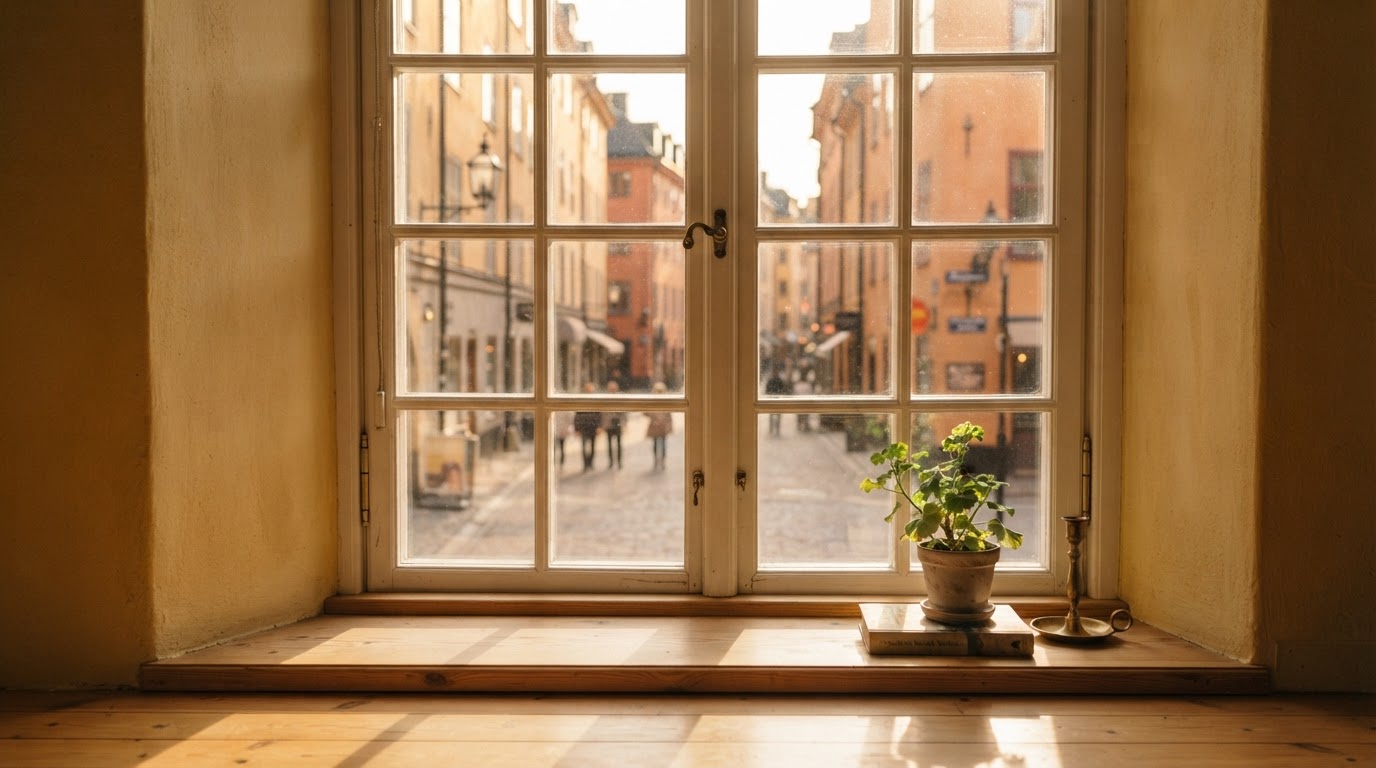 Renoverat träfönster i ett klassiskt Stockholmshem med utsikt över Gamla Stan