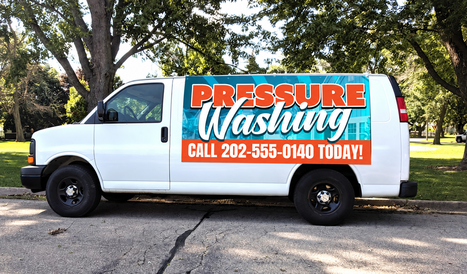 Pressure Washing van banner with phone number