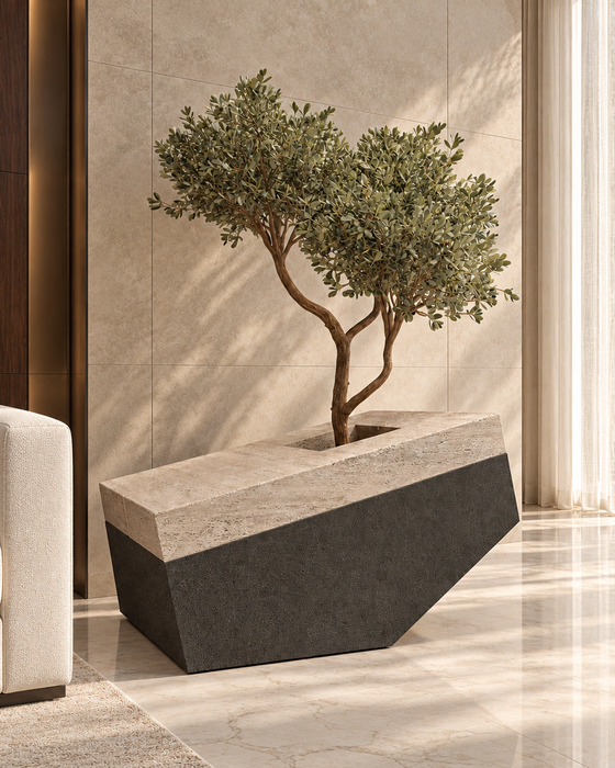 Faceted Travertine and Basalt Planter, Travertine with basalt, Angular faceted form with a textured travertine cap finish