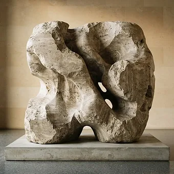 Monumental natural stone sculpture in a warm limestone interior