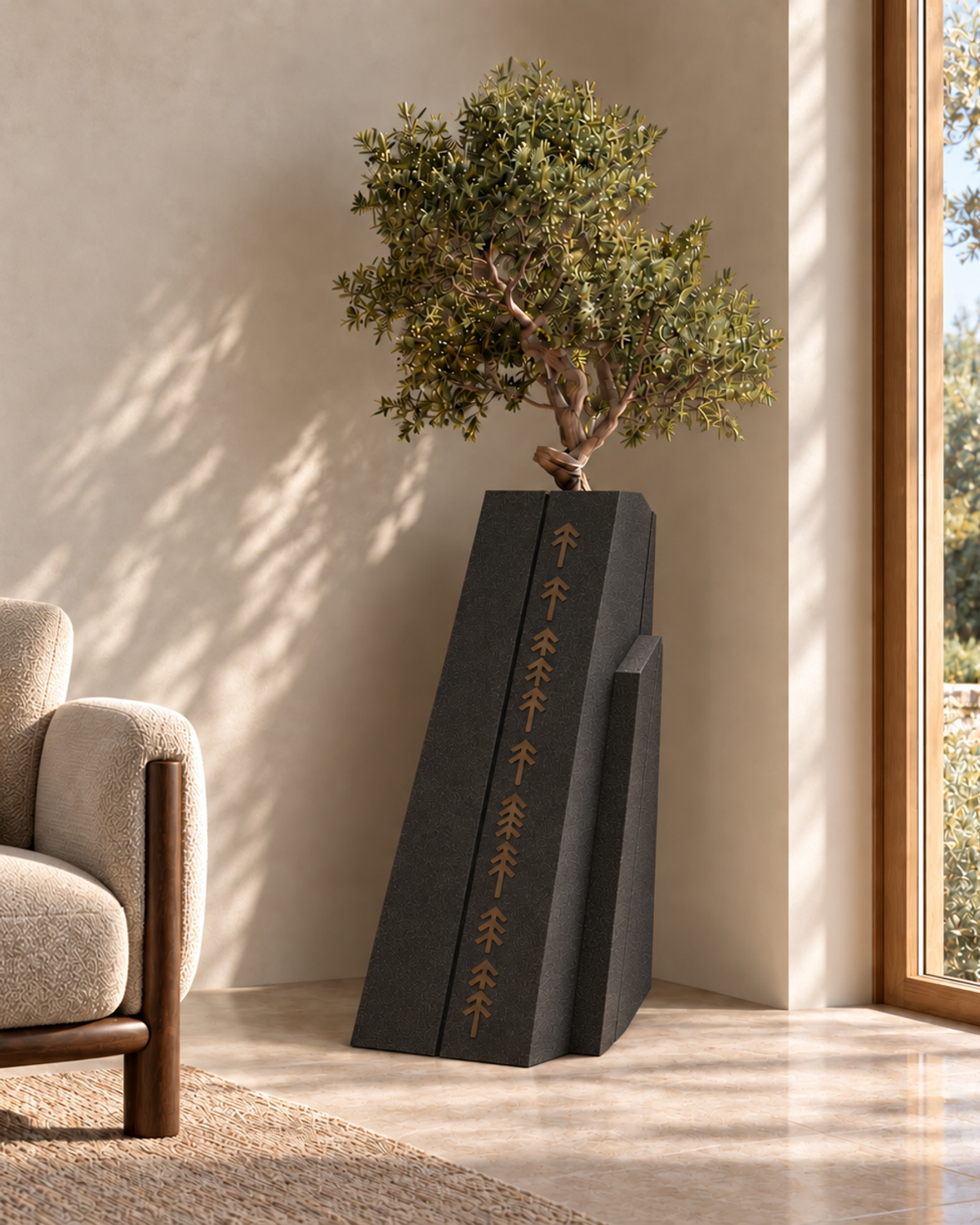 Dark Tower Planter with Gold Arrow Motifs — Full view