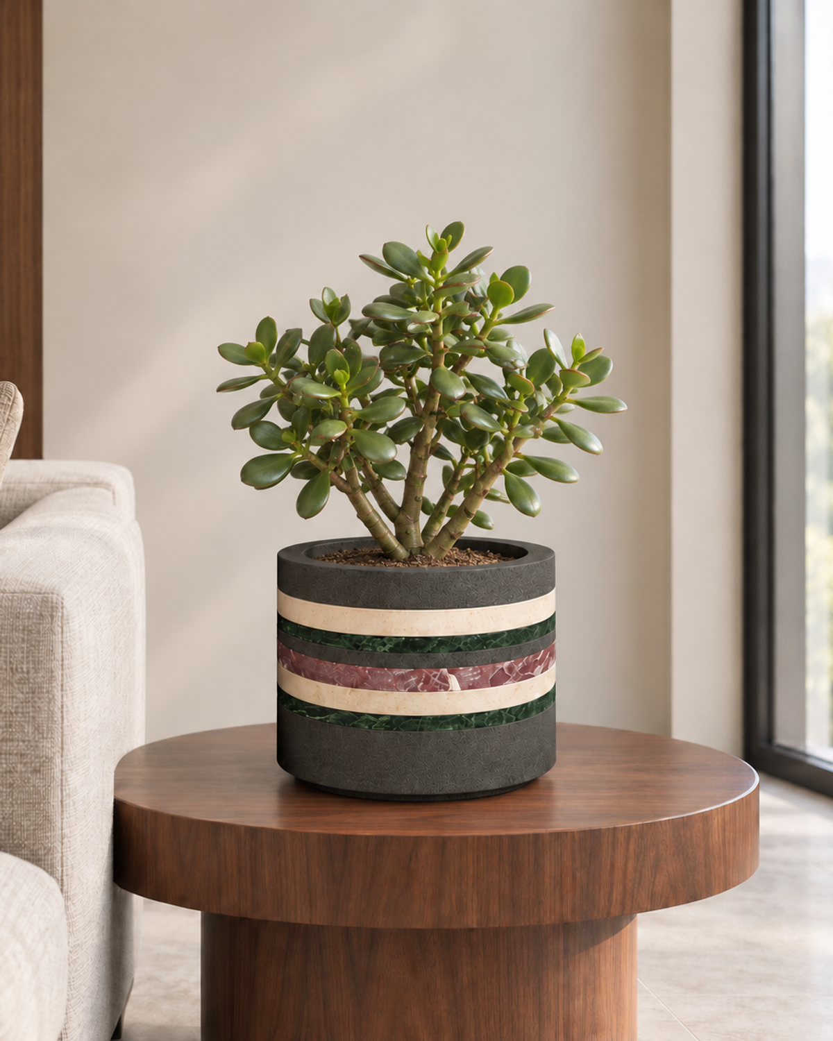 Basalt Marble-Inlay Low Planter — Full view