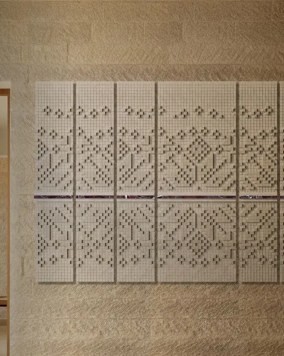 Tatreez Pixel Relief Panels, Limestone with red marble inlay, Raised pixel relief inspired by embroidery, with a red marble band finish